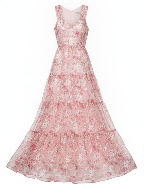 Women's Pink Floral Tiered Maxi Dress