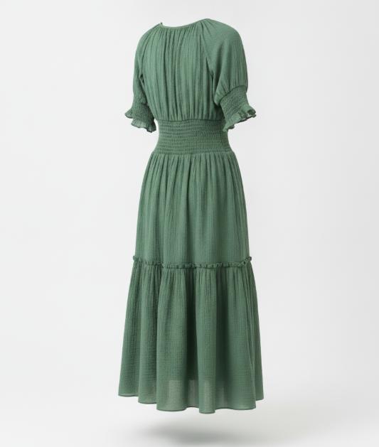 Women's Green Smocked Waist Tier Dress