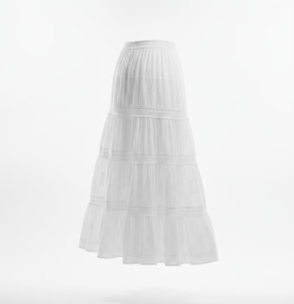 Women's White Tiered Boho Maxi Skirt