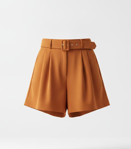 Women's Orange Pleated Belted Shorts