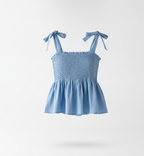 Women's Blue Smocked Shoulder Tie Top