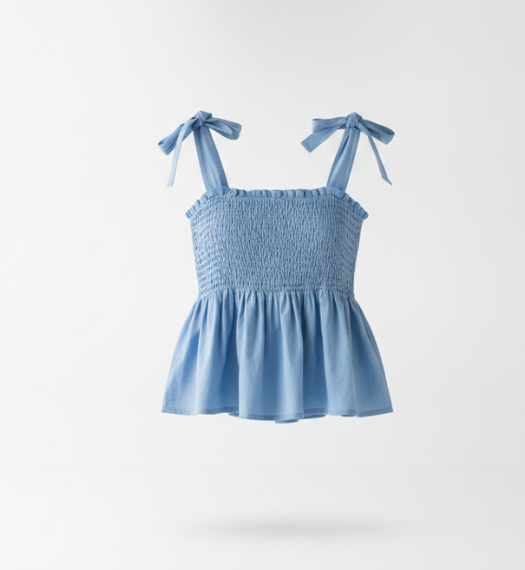 Women's Blue Smocked Shoulder Tie Top