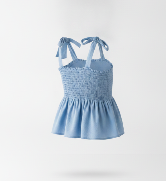 Women's Blue Smocked Shoulder Tie Top