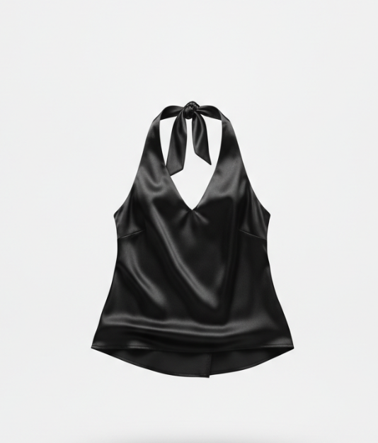 Women's Black Halter Neck Satin Top