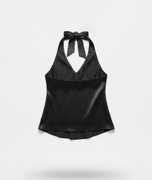 Women's Black Halter Neck Satin Top