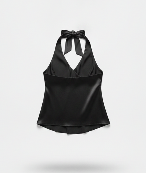 Women's Black Halter Neck Satin Top