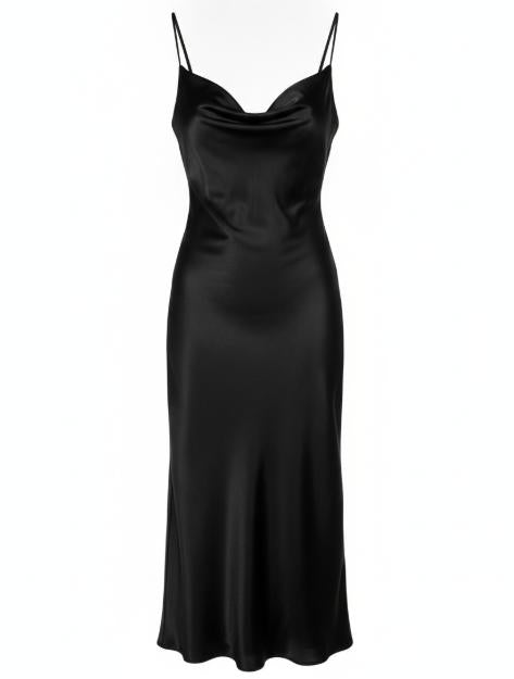 Women's Black Slip Satin Midi Dress