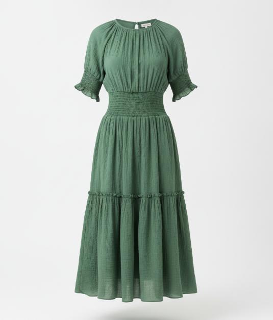 Women's Green Smocked Waist Tier Dress