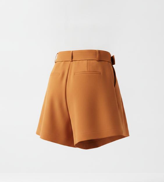 Women's Orange Pleated Belted Shorts
